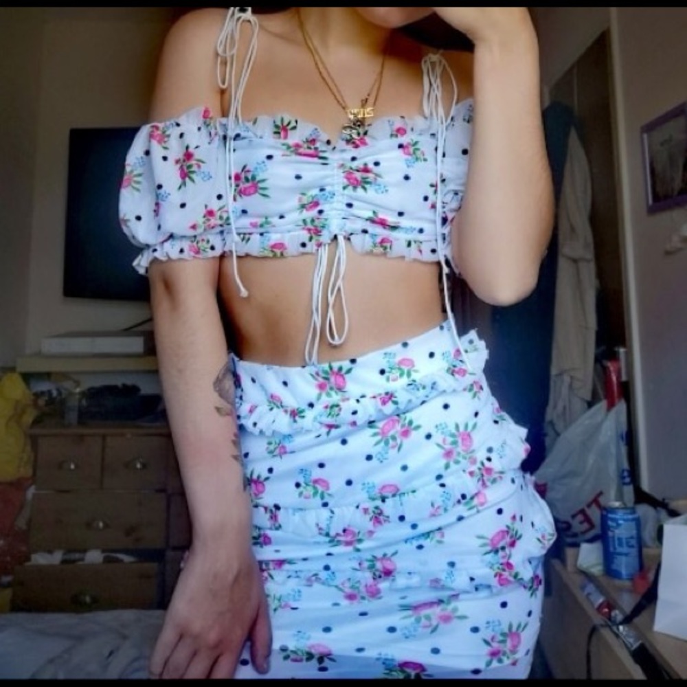 NWT CINDY TWO PIECE RUCHED POLKA DOT SKIRT TOP SET